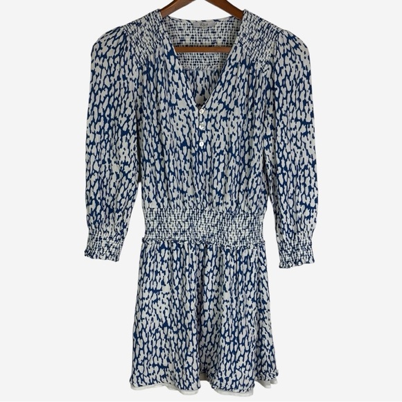 Rails Zana Smocked Long Sleeve Mini Dress Size XS Cobalt Static Leopard Print - Picture 3 of 12